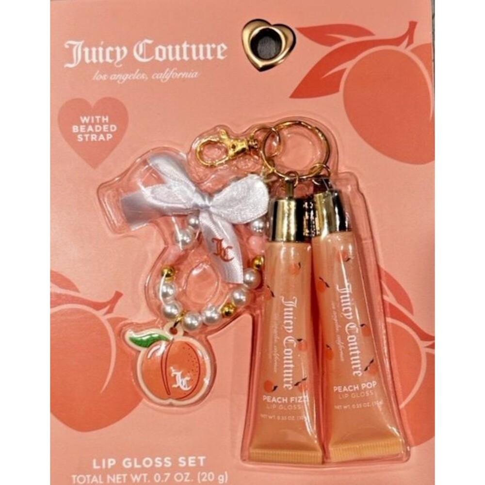 Juicy Couture Peach Liquid Lip Gloss Set Shine Effect w/ Beaded Strap Charm